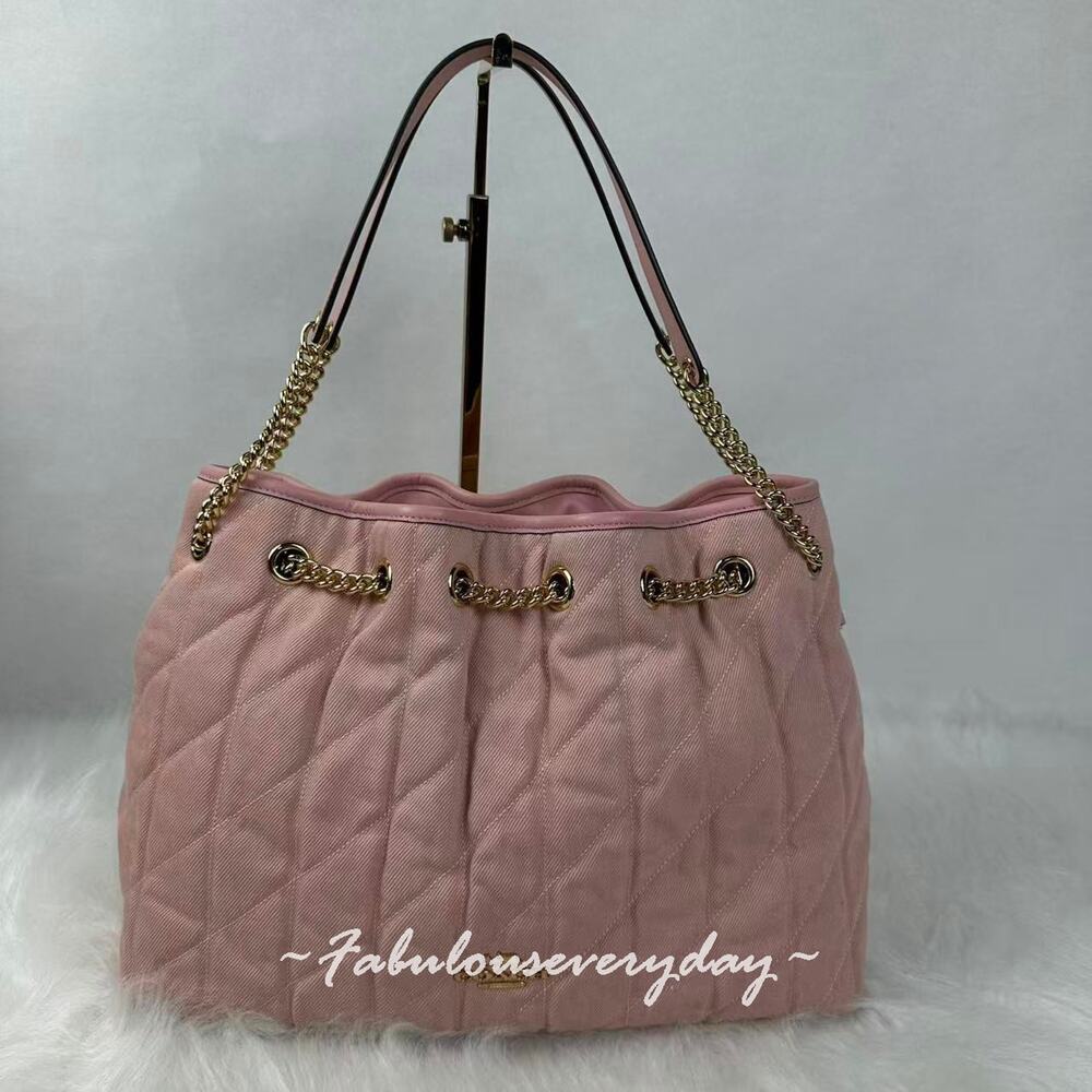 Coach Evelyn Shoulder Bag In Loved Denim With Quilting And Charm CER79 Pink